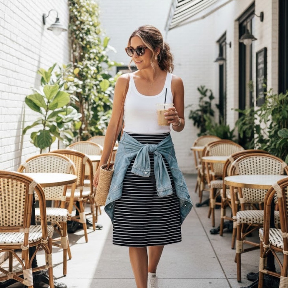 Tommy Hilfiger Black and White Striped Midi Skirt